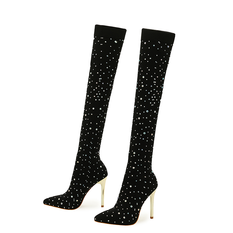 2022 New Stretch Thin Mesh Over Knee High Boots with Rhinestones Street Style Party Big Size Women's Boots - Image 5
