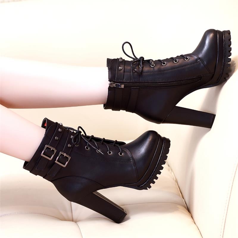 Rivet Ankle Boots Women 2023 New Chunky Heel Thick Sole Lace Up Martin Boots Trendy Cotton Lined - Image 4