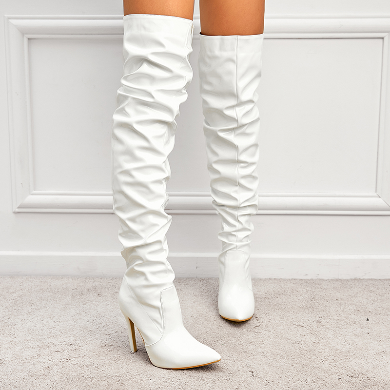 Stretchy Over Knee Boots 2022 Autumn New European American Pointed Toe Patent Leather High Heel Black Zip Women Boots