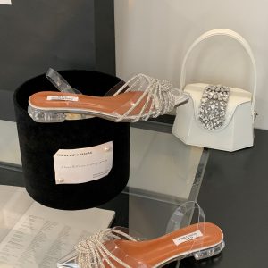 2025 Spring Summer New Crystal Fairy Style Transparent Crystal Heel Slippers Sandals 35-40