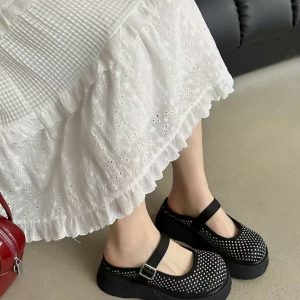 Yageli Women's Chunky Heel Mary Jane Slippers with Rhinestone Strap - Black & Black-White, Summer 2025