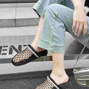 2025 New Fishnet Woven Closed Toe Slippers for Women Crystal Strap Soft Sole Roman Sandals